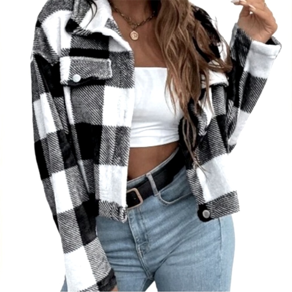 Love Tree Cropped Checked Flannel Shacket - Jacket - image 1